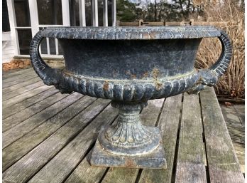 (1 OF 2) Fabulous Antique Cast Iron French Garden Urn With Face - Brought From France In The 1930s - AMAZING !
