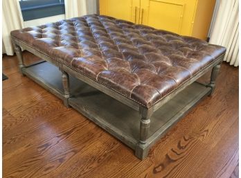 Absolutely Incredible Large Antique Style Leather Ottoman - Pickled Wood And Brown Button Tufted Leather