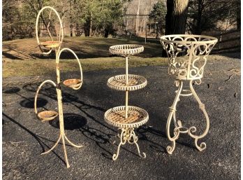 Three Vintage / Vintage Style Plant Stands - Display Stands - All Wrought - All Rusty White Paint Finish