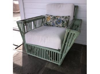 Fantastic Antique Art Deco Rattan Chair & Cushion - Great Old Sea Foam Green Paint - Great Size - GREAT CHAIR
