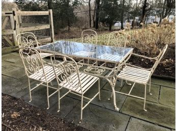 Incredible Antique French Wrought Iron Glass Top Table & Six Chairs - Brought To US In 1930s From France