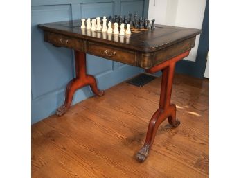Fabulous Antique Style Games Table - Chess & Backgammon - Tooled Leather Top - Mahogany Base - With Chess Set