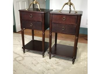 Pair Of Mahogany Finish Two Drawer Tables / Stands Both Need Refinishing Or Maybe Paint / Lacquer Them ?