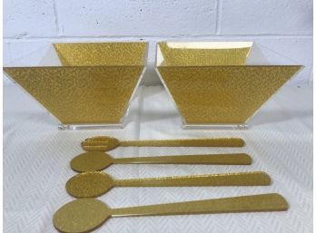 Pair Of Lucite Trapezoid Salad Bowls With Serving Utensils - Clear And Gold Glitter MSRP $60 Each