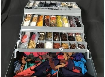 12 Lbs Of BEADS! Strung Sets And Leather Strips - Approx 75 Groups In Plano Four Level Storage Box