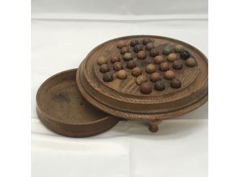Antique Wooden Marble Solitaire Game - Wood Board With Stone Or Clay Marbles