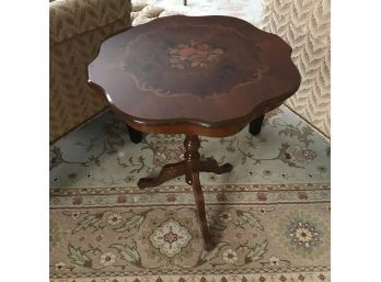 Burled Wood Occasional Table With Inlaid Floral Design - High Gloss  Finish