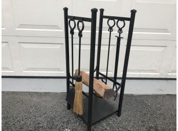 Pier One Fireplace Log Holder And 4pc Tool Set - Shovel, Broom, Poker & Tongs 32'H X 13' Square