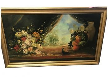 Signed Oversized Baroque Style Still Life Oil On Canvas Painting - Vasso - Gold Tone Wood Frame