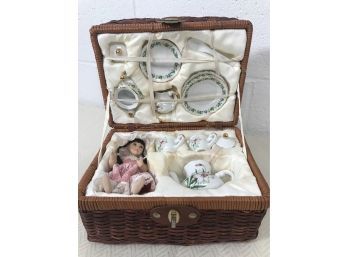 Child's Porcelain Doll And Tea Set In Wicker Carry Basket