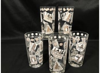 5PC Set Highball Tumbler Glasses With World Themed Accents