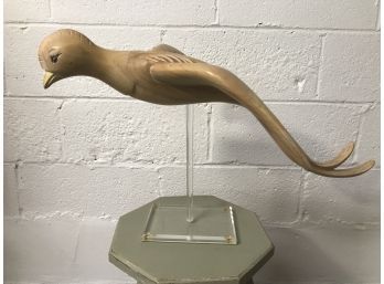 Hand Carved Large Wooden Parrot Bird On Lucite Stand - 30'L