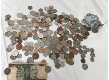 Hit The Jackpot - Big Pile Of International Coins And Bills - Pence, Brazil, Cayman Islands
