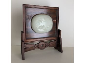 Jade Look Glass Medallion Mounted On Rosewood Stand - Needs Repair