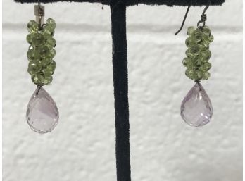 Handcrafted Amethyst And Peridot Dangle Earrings On Silver Plate Wires - Pam Older Designs