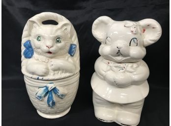 Pair Of 1940's Ceramic Cat And Mouse Cookie Jars