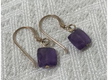 Handcrafted Amethyst Dangle Chip Earrings On Gold Tone Wire Hooks