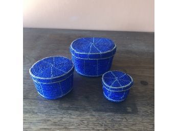 A Trio Blue Beaded Nesting Baskets