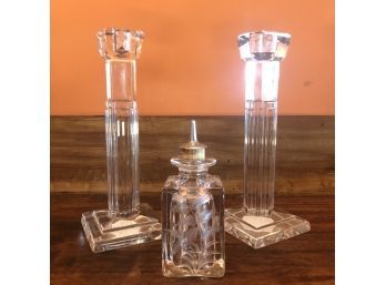 A Pair Of Waterford Crystal 10' Candlesticks And An Antique Etched Oil Bottle