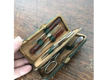 A Sweet Antique Travel Sewing And Nail Kit - Leather Case
