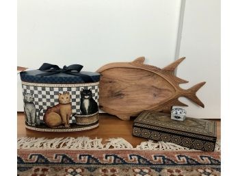 Handcrafter Hat Band Box With Cats, Carved Wood Fish Tray And More