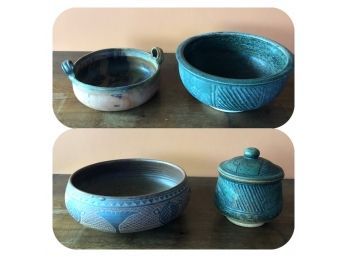 A Set Of 4 Artisan Crafted Stoneware Pottery - Gorgeous
