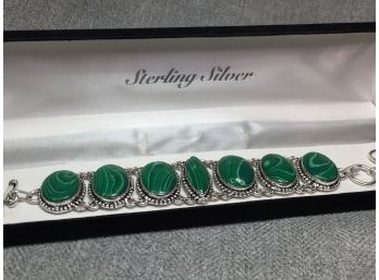 Fantastic 925 / Sterling Silver Bracelet With High Polished Malachite Cabochons - Nice Silver Beading Design