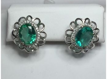 Fantastic 925 / Sterling Silver Earrings With Very Pretty Erinite Stones Encircled With White Zircons