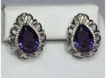 Gorgeous Vintage Style 925 / Sterling Silver Earrings With Deep Color Amethyst Encircled With White Zircons