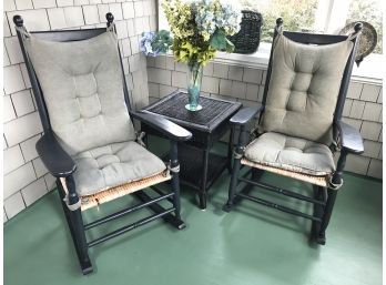 Two Classic Porch Rockers - Painted Black - Very Comfortable - With Cushions - Some Losses & Flaws - Nice !