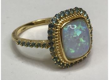 Very Pretty Sterling Silver / 925 Ring With 14k Gold Overlay With Opal And Blue Sapphires WOW - VERY PRETTY !