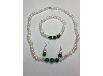 Fabulous Genuine Cultured Baroque Pearls With Jade Beads - 17' Necklace - Bracelet & Earrings - Brand New !