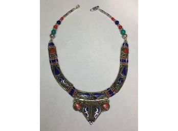 Stunning Sterling Silver / 925 Necklace With Lapis Lazuli - Coral & Turquoise - Incredible Handmade Piece