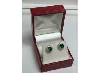 Fabulous Sterling Silver / 925 Emerald Earrings Encircled With White Zircons - Very Pretty - New Never Worn