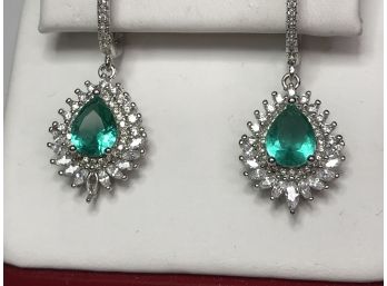 Lovely 925 / Sterling Silver Earrings With Blue Zircon Color Stones With White Sapphires - Very Pretty Pair
