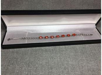 Lovley Sterling Silver / 925 Tennis Style Bracelet With Orange Topaz - Very Pretty Bracelet - New Never Worn
