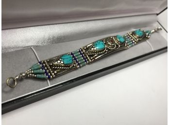 Wonderful 925 / Sterling Silver Bracelet With Turquoise & Lapis Lazuli Beads - Completely Handmade - Nice !