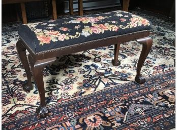 Wonderful Antique Bench With Carved Mahogany With Ball & Claw Feet With Lovely Needlepoint Top - VERY Nice !
