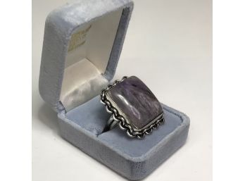 Fabulous Large Sterling Silver / 925 Cocktail Ring With Charoite With Unusual Silver Chain Link Detail