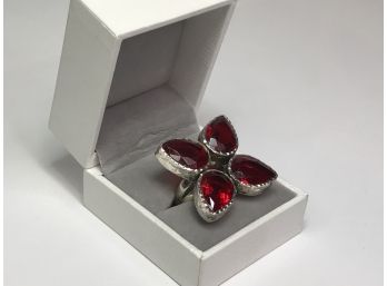 Very Unusual Large Sterling Silver / 925 Cocktail Ring With Teardrop Garnets - Very Nice Ring And Design