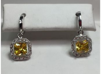 Gorgeous Sterling Silver / 925 Earrings With Sparkling Yellow Topaz Encircled With White Zircons - Brand New