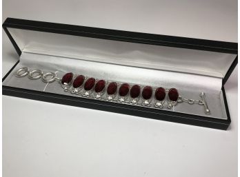 Fabulous 925 / Sterling Silver Bracelet With  Deep Intense Color Garnets - Very Nice Piece - Great Look !