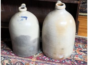 Two Antique Stoneware Jugs - 3 Gallon & 4 Gallon - 3 Gallon Is SEYMOUR & WEBSTER - Very Nice Jugs - Look Good
