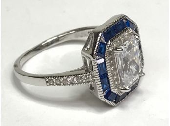Stunning Vintage Style Sterling Silver / 925 Art Deco Style Ring With Blue & White Sapphires - Very Pretty !