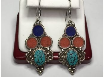 Very Pretty Vintage Style Sterling Silver / 925 Earrings With Lapis Lazuli - Turquoise & Coral - Handmade