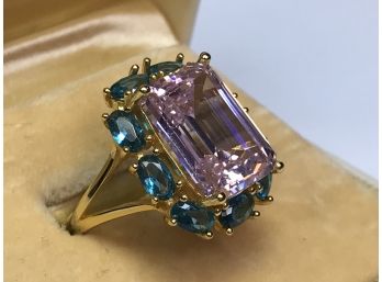 Fabulous Sterling Silver / 925 Ring With 14k Gold Overlay With Pink & Blue Tourmaline - Very Expensive Look !