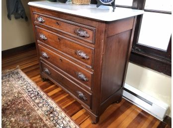 Fabulous Antique Victorian Walnut Marble Top Chest With Carved Pulls - Original Finish - Very Nice Piece