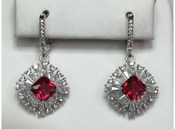 Fabulous 925 / Sterling Silver Earrings With Red Topaz With Sparkling White Topaz - Very Expensive Looking