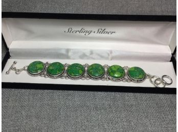 Fabulous Vintage Style Sterling Silver / 925 Bracelet With Polished Green Turquoise From India - Very Nice !