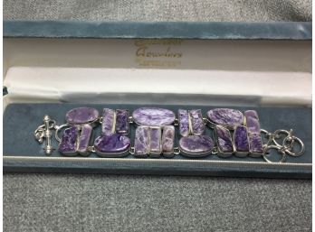 Fabulous 925 / Sterling Silver Bracelet With Highly Polished Raw Amethyst - Very Pretty & Unusual Bracelet